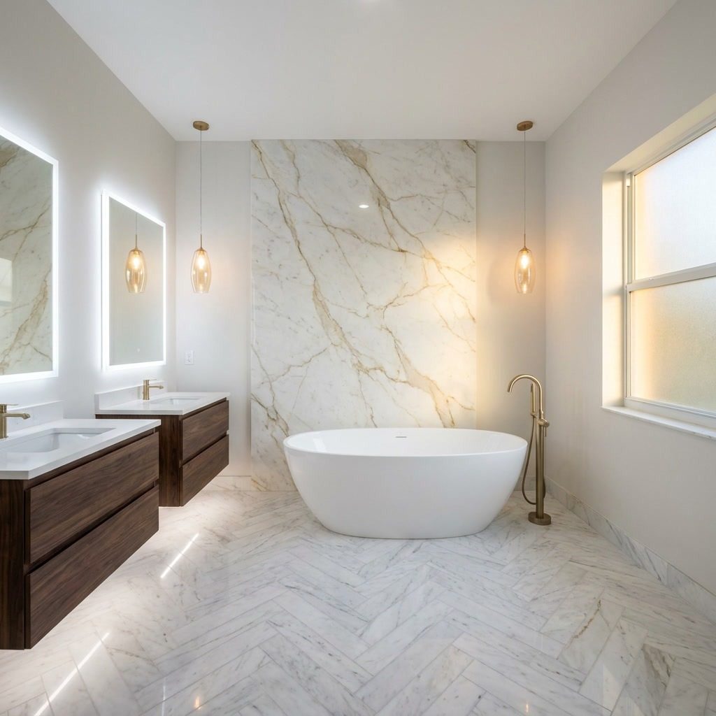 After: Luxury master bathroom with oval freestanding soaking tub, Calacatta marble accent wall, herringbone marble floor, dark walnut floating vanity, and brushed brass fixtures in Fort Lauderdale, FL