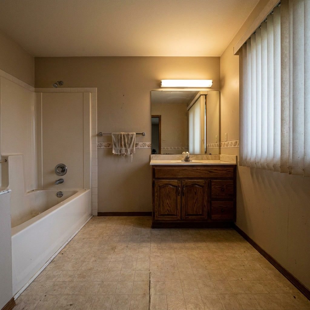 Before: Dated 1980s bathroom with alcove tub, vinyl tile floor, oak cabinet vanity, and old fluorescent lighting in Fort Lauderdale, FL
