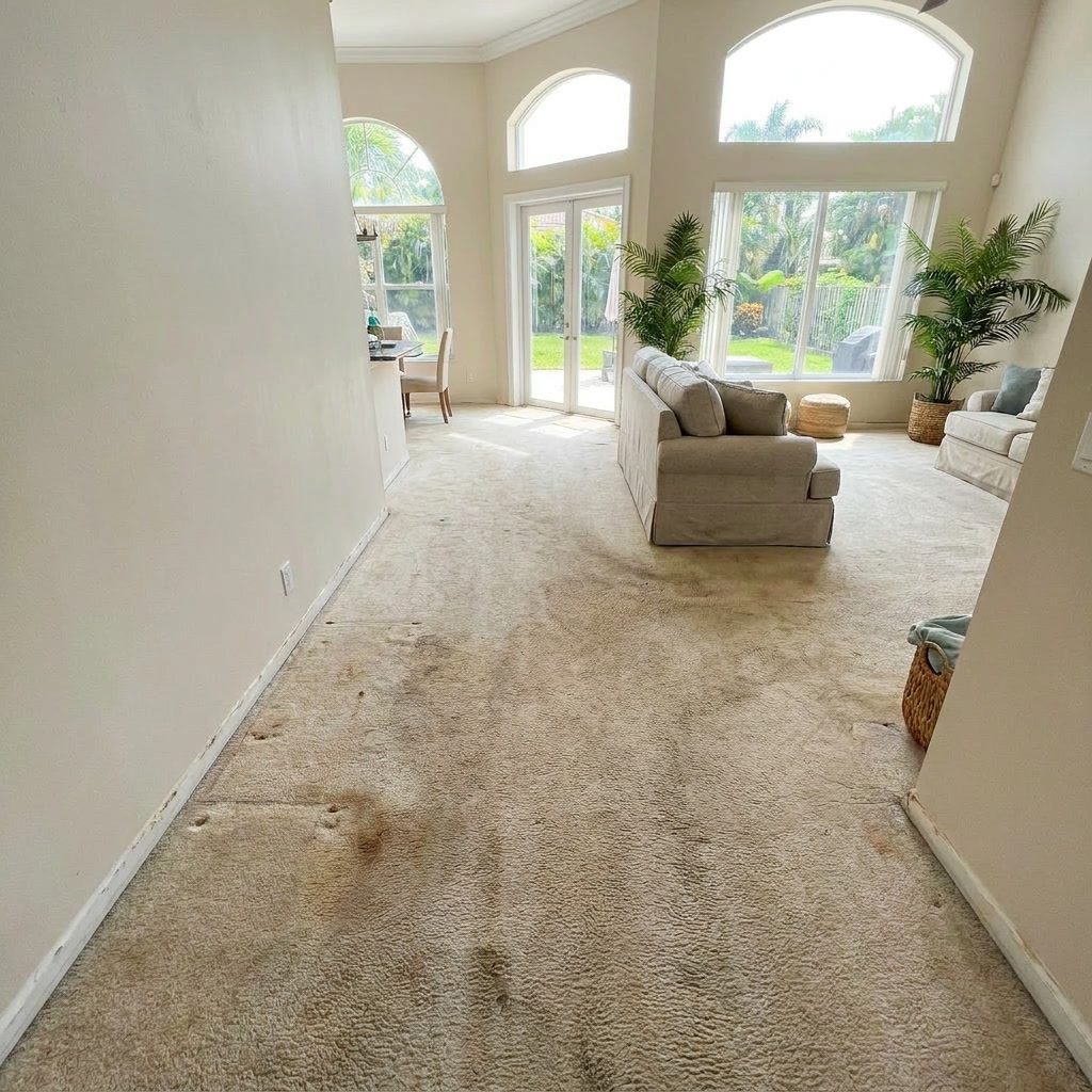 Before: Worn stained beige carpet in need of replacement in Coral Springs, FL