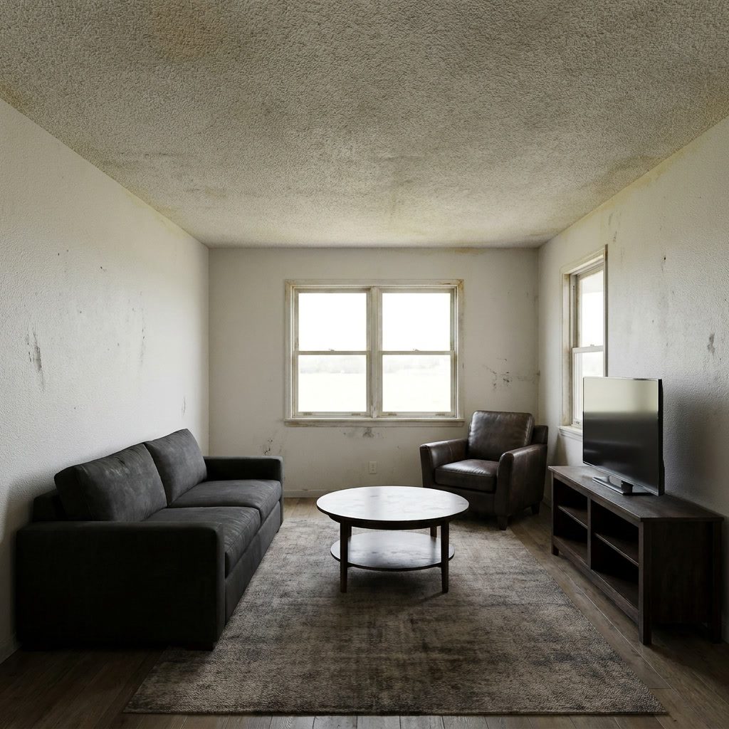 Before: Dingy living room with scuffed flat off-white walls, stained popcorn ceiling, and tired furnishings in Plantation, FL