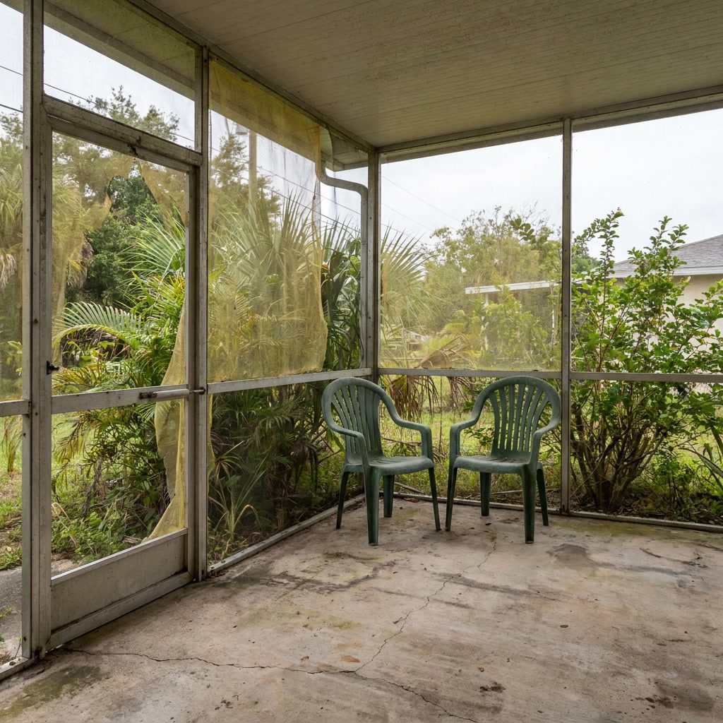 Before: Dated screened-in porch with rusty aluminum screen frame, cracked concrete slab, and faded plastic patio chairs in Wellington, FL